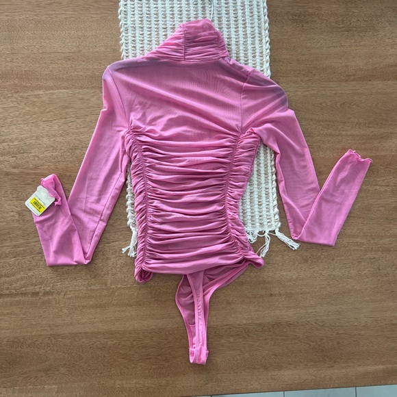 Free People Intimately Pink Ruched Mesh Long Sleeve Bodysuit Small - Picture 2 of 8